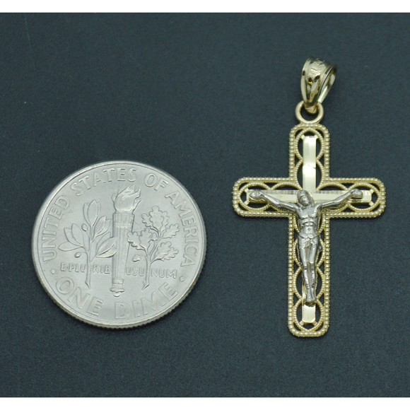 Real 10K Solid Yellow White Gold Diamond Cut Jesus Cross Pendant 1.1grams - Picture 2 of 6